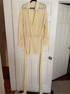 SHEIN Cream Mini Shirt Dress with Long Tie Waist